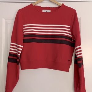 HOLLISTER Distressed Pullover Striped Crop Red Sweatshirt
